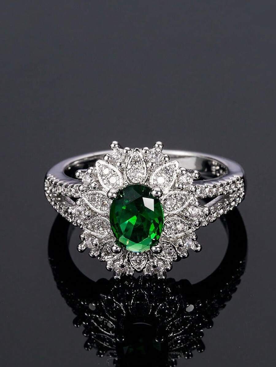 1 szt. damski pierścionek ze szmaragdowymi kryształkami, modny elegancki pierścionek z zielonym cyrkonem, biżuteria pierścionkowa, zaręczyny, prezent.