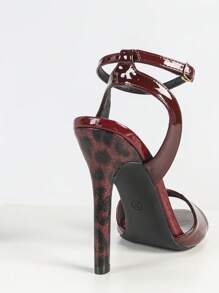 女士圆头漆皮交叉踝带细高跟凉鞋，酒红色优雅时尚派对高跟鞋 - 酒紅色 - 查看 8