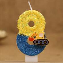 蓝黄挖掘机闪烁数字生日蛋糕蜡烛，生日庆祝派对装饰，可爱的手工数字蜡烛