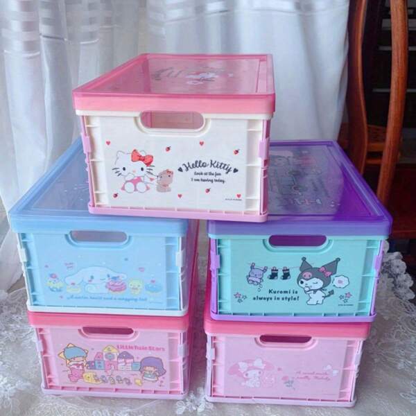 Sanrio 1PC Pink Hello Kitty Storage Box - Cute Cartoon Plastic Organizer With Lid, Hearts And Ladybug Pattern | Kawaii Style Stackable Storage Bin For Toys, Clothes, Stationery, And Small Items | Home Organization Box For Kids' Room, Playroom, And Closet | Multifunctional Storage Solution For Girls And Hello Kitty Fans
