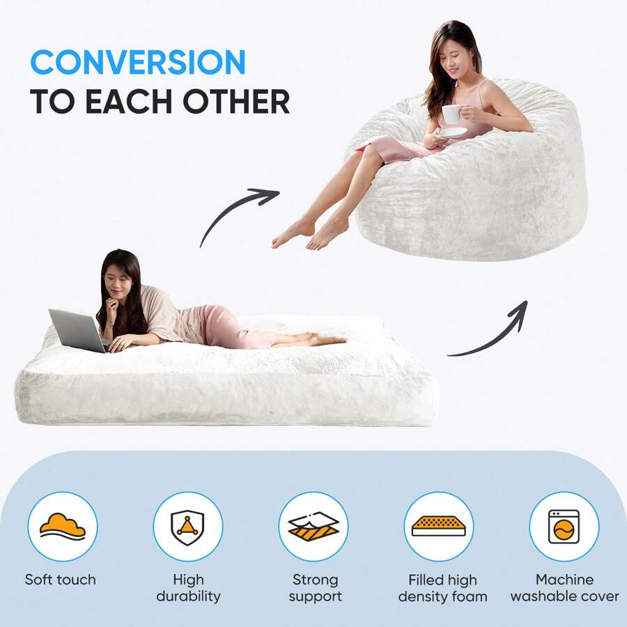 Full/Queen Size Plush Bean Bag Chairs For Adults, 2 In 1 Bean Bag Chairs, Convertible Bean Bag With Filler For Gaming Large Foam, Bean Bags With Washable Soft Velvet Cover For Living Room - 白色 - 查看 1