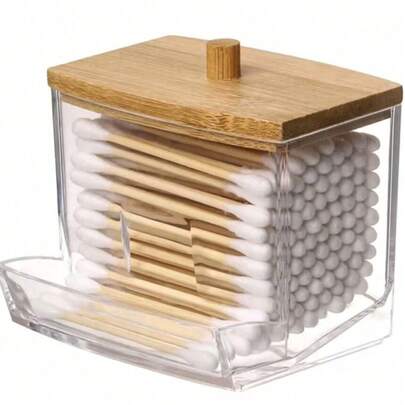 1pc Acrylic Cotton Swab Holder With Bamboo Lid, Transparent Small Cotton Swab Box, Plastic Ear Swab Box, Toothpick Storage Box, Bathroom Countertop Decorative Storage Box, Jewelry Box, Makeup Brush Holder, Makeup Brush Storage Box, Perfume Storage Box, Cosmetic Bag, Great Gift For Women, Christmas Gift,Room Decor