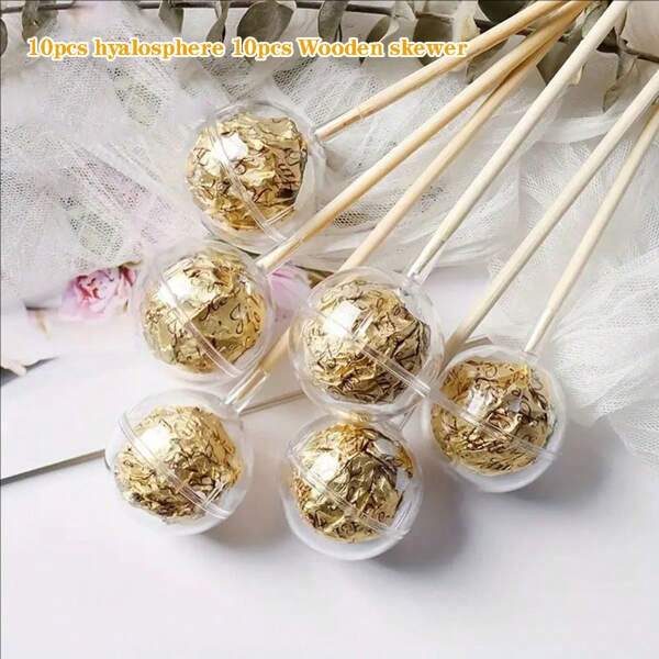 10pcs Transparent Acrylic Balls With 10pcs Wooden Sticks, Clear Chocolate Container, Acrylic Flower Vase, DIY Materials For Valentine's Day Flower Bouquet, Weird Gift