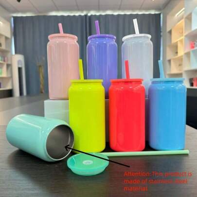 1pc New 16oz Stainless Steel Cup, Color Drinking Straw Tumbler, Suitable For Office, Home, Car, Outdoor Use, Portable Water Bottle