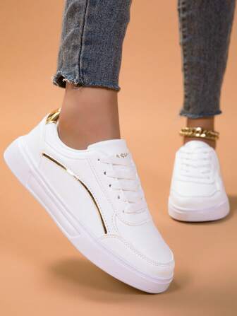 Women Fashionable Slip-Resistant White Sneakers, Versatile Work/Student/Casual Flat Sports Shoes