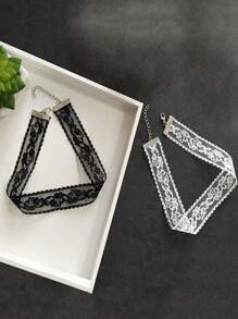 1pc Gothic Style Fabric Lace Choker Necklace For Women, Black & White Hollow Lace Necklace, Versatile For Party And Everyday Wear