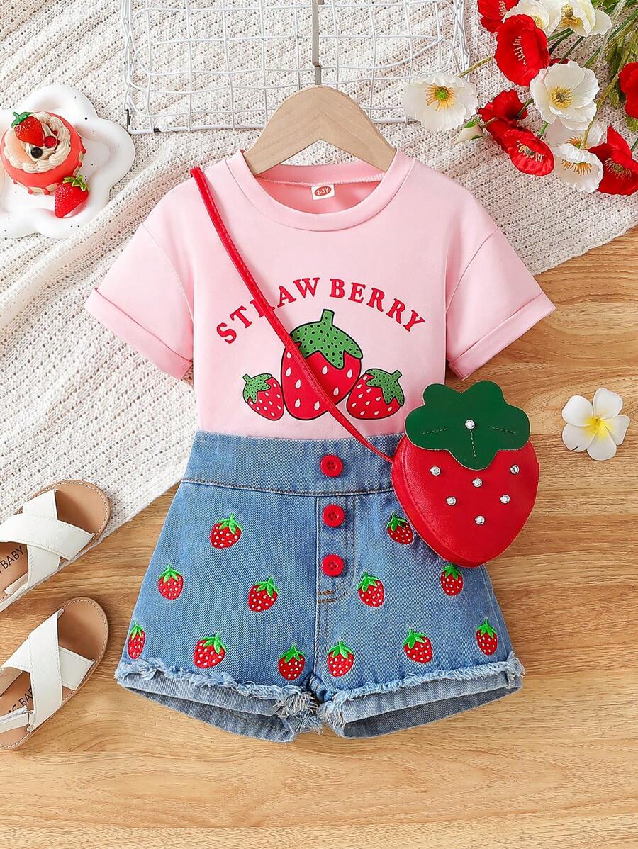 Young Girls Casual Fashion Strawberry Print T-Shirt, Embroidered Denim Shorts And Bag 3-Piece Set