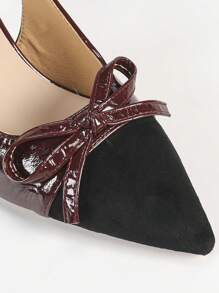 Bow Color Blocking Elegant Ankle Strap High Heels, Closed Toe Lightweight Casual Dress Pumps