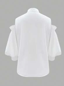 Women's Plain Shoulder Exposed Single-Breasted Lantern Sleeve Casual Shirt - White - View 2