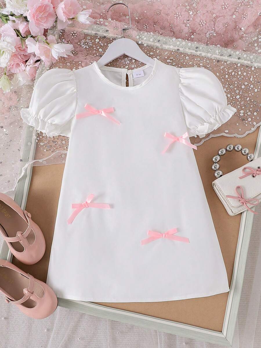 1 件年轻女孩优雅粉色蝴蝶结中长白色连衣裙，轻盈，适合夏季 - 白色 - 查看 1