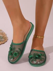 2024 New Handmade Pearl Decorated Indoor Outdoor Slip-On Slippers - Dark Green - View 6