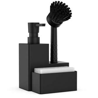 黑色洗洁精补充装套装、皂液器、海绵架、海绵、洗碗刷，适用于厨房台面家居浴室装饰秋季装饰返校