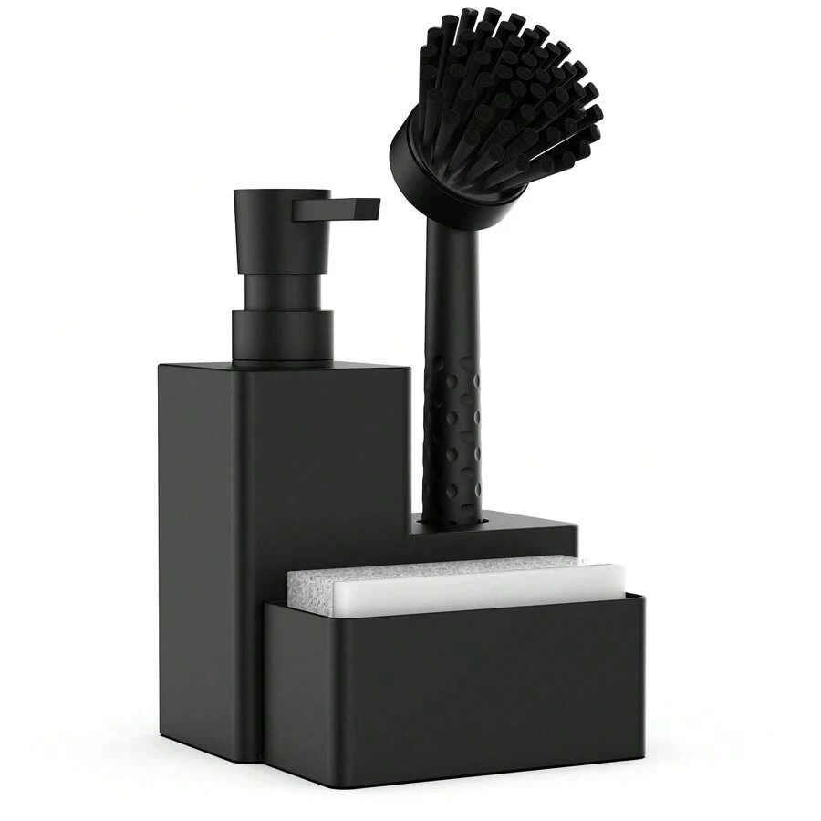 黑色洗洁精补充装套装、皂液器、海绵架、海绵、洗碗刷，适用于厨房台面家居浴室装饰秋季装饰返校