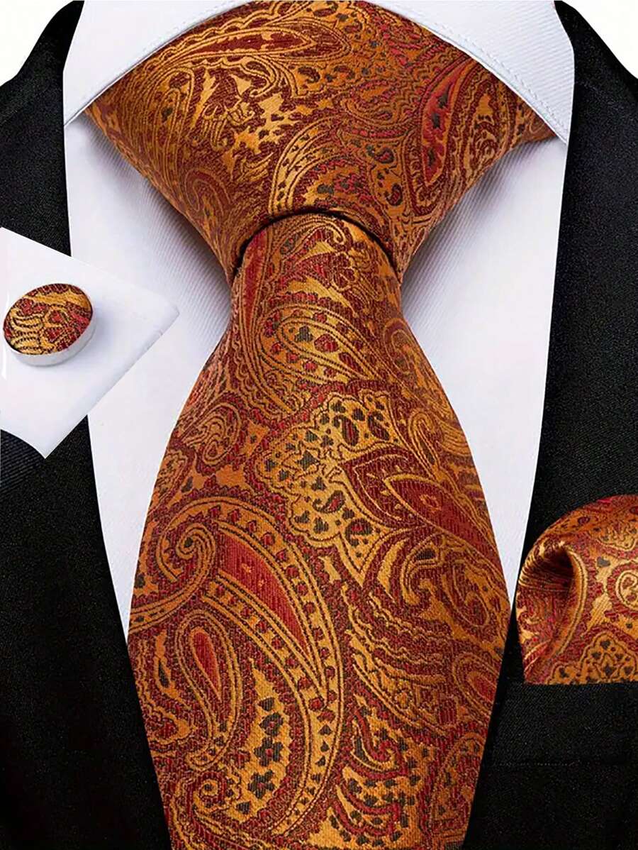 Men Tie Sets Classic Fashion Necktie Set With Cufflink For Business Party - Orange - View 1