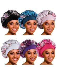 4/6pcs Satin Silk Sleep Cap, Stretchy Bands For Women, Curly Hair, Bohemia, Polyester - A - View 1
