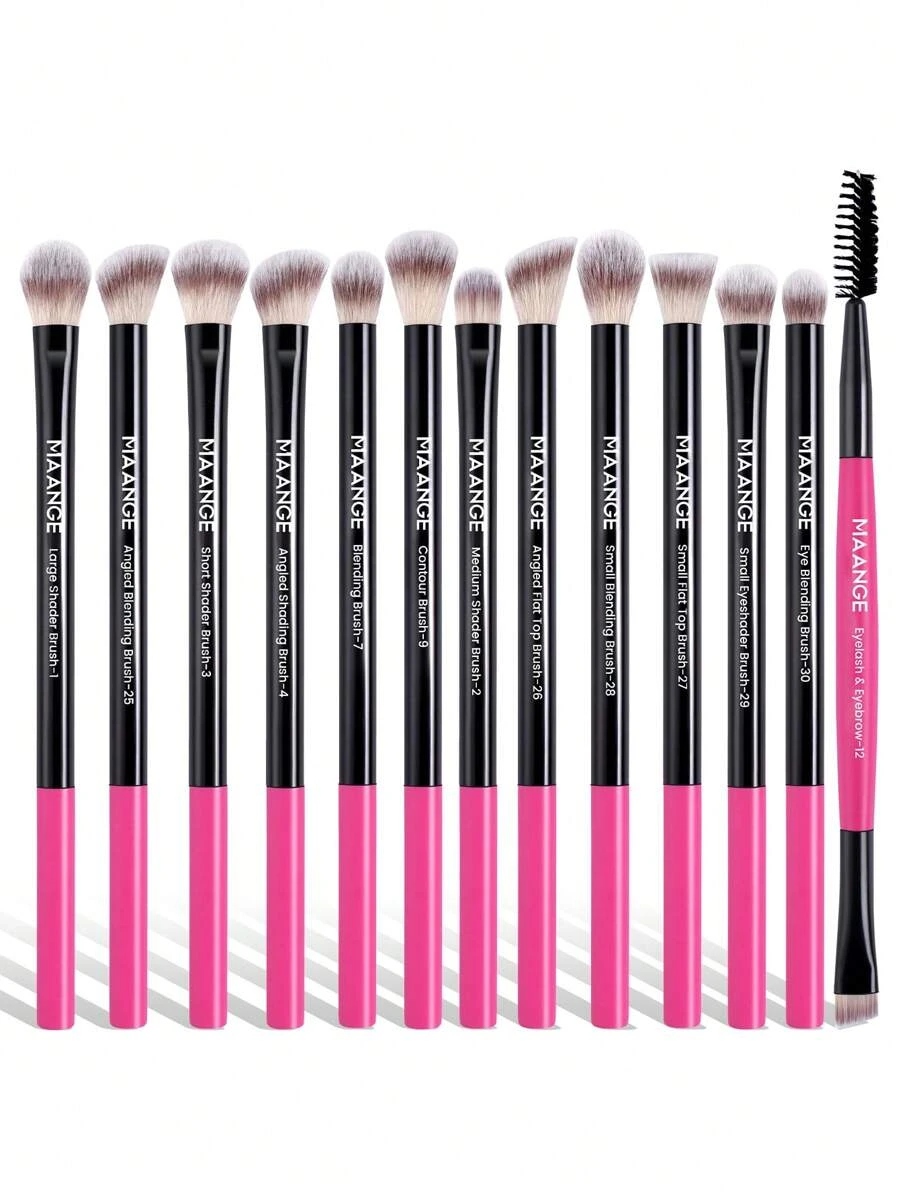 MAANGE 13pcs Pro Eye Makeup Brushes Set For Eyeshadow Concealer Highlight Cosmetics Blending Liquid Cream Products Beauty Tool Brush For Travel, Makeup Reapply Of Party - 玫紅色 - 查看 1