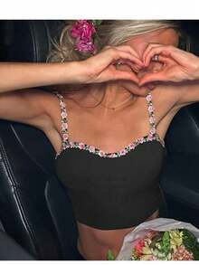 YOKASA Camisole Embroidered With Flowers - Black - View 7