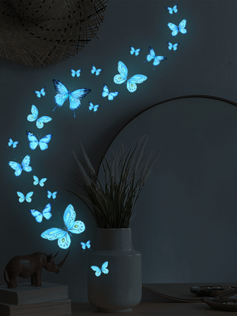 23 piezas de pegatinas de pared luminosas con mariposas azules para decoración de dormitorio y sala de estar, luces decorativas de mariposas luminosas para jardín, decoración de boda