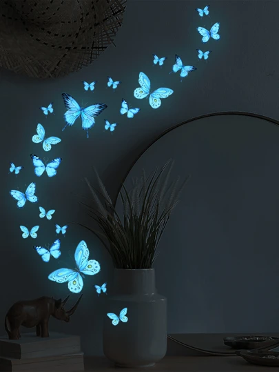 23 piezas de pegatinas de pared luminosas con mariposas azules para decoración de dormitorio y sala de estar, luces decorativas de mariposas luminosas para jardín, decoración de boda