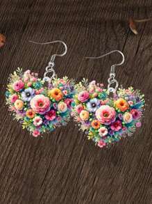 1 Pair Of 2D Acrylic Heart-Shaped Flower Earrings, Women's Fashionable Pendant Earrings, Suitable For Mother's Day, Christmas, Valentine's Day As Gifts, Suitable For Daily Wear,Mom,Mother,Mother's Day,Gift