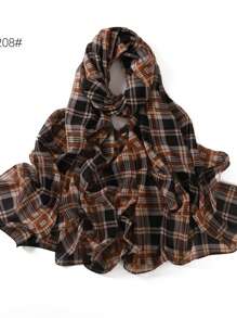 1 件新款格纹和波尔卡圆点印花珍珠雪纺围巾，女式围脖头巾披肩，尺码 201-210