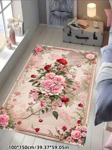 1 pieza Alfombra de piso bohemia vintage de lujo con flores rosas, antideslizante y lavable a máquina, perfecta para sala de estar, dormitorio, pasillo - Diseño elegante de patio con flores vibrantes y patrones barrocos, alfombra de piso para interiores|Alfombra de piso con patrón floral|Respaldo antideslizante, alfombra para sala de estar - Rosa vieja - Ver 2