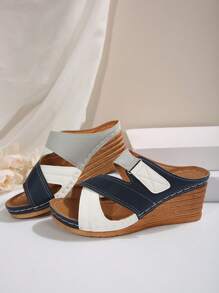 Women's New Summer Casual Retro Hollow-Out Versatile Fashion Anti-Slip Breathable Contrast Color Sandals, Buckle Hook And Loop Platform Mid-Heel Slides - Blue and White - View 3