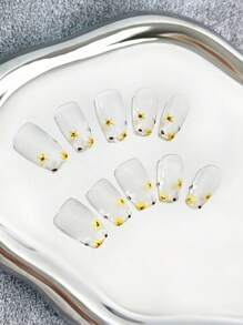 Paquete de 10 piezas Puntas de uñas transparentes con diseños florales pintados a mano en forma de ataúd francés, uñas postizas de cobertura completa brillantes DIY