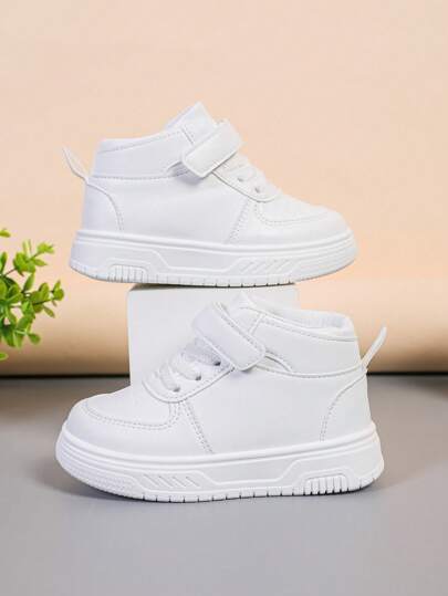 1 Pair Kids Fashion Simple White Shoes, Unisex PU Hook And Loop Design Outdoor Anti-Slip High-Top Flat Sports Shoes, Suitable For Spring & Autumn