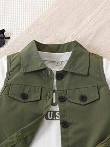 男童夏季三件套：背心、字母印花T恤和工装裤