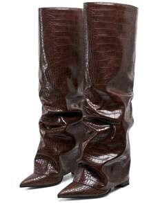 Shark Boots Women's Knee High Boots Fold Over Boots Slouchy Chunky High Heels Shoes Wide Calf Pointed Toe Shoes - 棕色石頭紋 - 查看 2