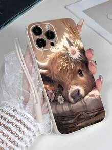 1pc White TPU Cute Cow Pattern Shockproof Phone Case And 1pc White Silicone Wrist Strap Waterproof Anti-Fall Scratch Resistant