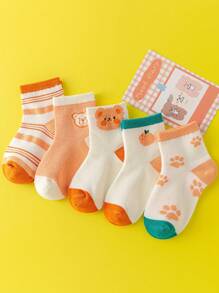 10 Pairs Random Kids Mesh Breathable Cute Cartoon Socks (Orange Bear, Pink Bunny, Happy Monkey), Versatile Ankle Socks, For Spring/Summer - Multicolor - View 5
