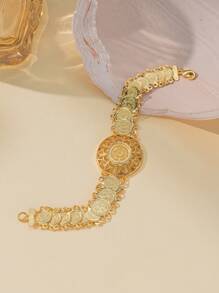 Herseygold 1pc Gold-Plated Copper Arabic Flower Coin Bracelet, Lucky Women's Bangle, Wedding Festival Gift For Ladies