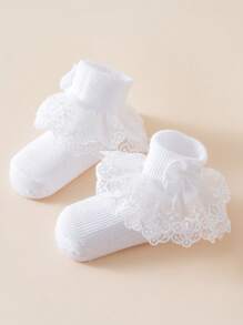 1 par de calcetines de volantes estilo princesa con lazo de encaje para niñas bebé, para primavera/verano - Blanco - Ver 3