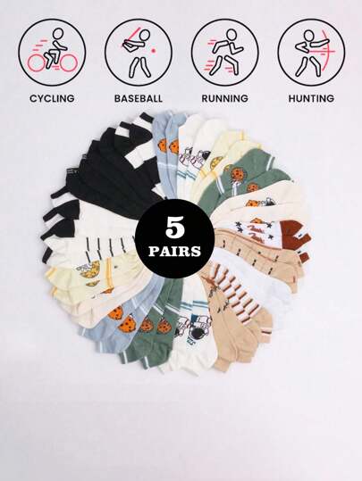 5 pares de meias femininas finas respiráveis casuais estilo barco, meias de cano baixo com padrão de desenho animado, adequadas para primavera/verão