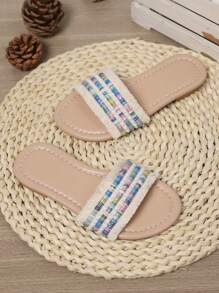 Boho Style Fluffy Tassel Slides For Girls, Woven Beige Material - Beige - View 4