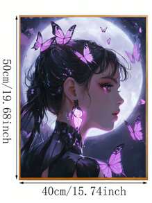 Pintura personalizada de la niña mariposa bajo la luz de la luna, pintura de números al óleo sin marco, regalo de cumpleaños, desarrollo de inteligencia, festival, sin fondo de dibujo requerido, se puede usar como arte de pared, fácil de completar una hermosa obra de arte