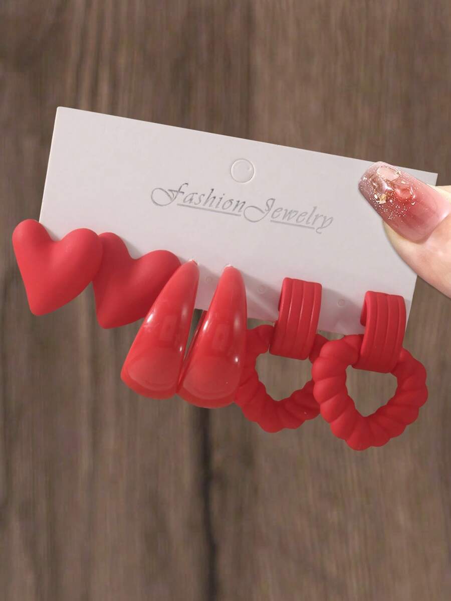 6 件/套波西米亚风格红色心形吊坠耳环，适合女士佩戴，轻质 CCB 材质珠宝适合所有季节，是节日礼物的理想选择，适合日常生活或派对佩戴 - 紅色 - 查看 1