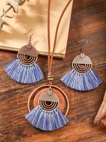 TopHanqi 3 件复古风格扇形几何流苏耳环项链套装，PU 皮革长项链，适合日常佩戴、派对、节日礼物