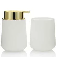 Set Aksesori Meja Kamar Mandi Warna Putih Emas Matte 2 Buah - Dispenser Sabun dan Tempat Sikat Gigi, Cocok untuk Meja Kamar Mandi - platinum - View 1