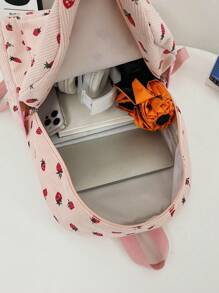 1 件草莓印花休闲轻便可折叠涤纶背包，带多个口袋，拉链开合，适合青少年、大学生、女性、日常通勤、购物、旅行、返校、毕业礼物