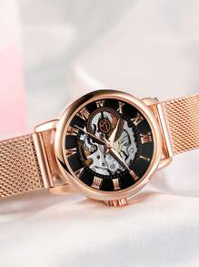 FORSINING 1pc Fashion Rose Gold Mechanical Watches Luminous Hands Mesh Stainless Steel Strap Classic Skeleton Roman Numeral Scale Dial Business Elegant Ladies Watches Top Brand Luxury Christmas Day New Year Birthday Gifts