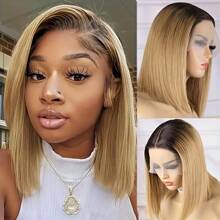 Human Hair Elegant Ombre Blonde Bob Wig For Women 1B27 Color - 13x4 Lace Front, Dark Roots To Light Tips, Straight Style, Versatile Short Wig