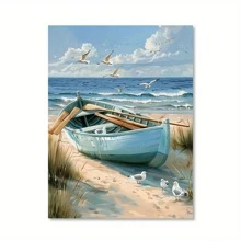 1 Pc Tranquil Light Blue Rowboat Beach With Seagulls Canvas Posters - Unframed Coastal Wall Arts For Living Room, Bedroom Or Hallway, Beach Themed Decor, Great For Room Decor - Multicolor - View 10