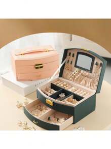 1pc Elegant Fan-Shaped 2-Layer Faux Leather Jewelry Box With Lock, Makeup Mirror, Large Capacity Dual-Option Necklace, Earring, Ring Storage, Soft Drawer, Ideal Gift For Women And Girls