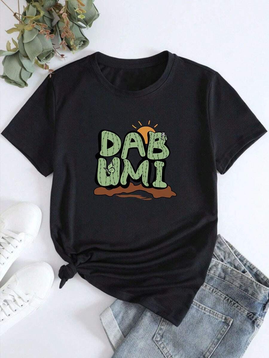 RWDSDWT Camiseta Casual Suelta de Mujer Estampada con el Alfabeto en forma de Cactus y el Sol Estampado Camisa de Verano - Negro - Ver 1