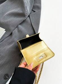Mini Square Bag New Design Women's Handbag With V-Shape Stitching, Quilted Texture, High-Quality Shoulder Bag, Chain Crossbody Bag, Flap Cover Small Makeup Bag, Fashionable Ladies Accessories Winter Gifts - Gold - View 11