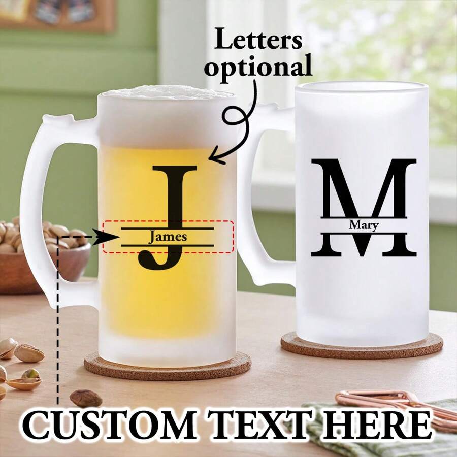 1pc, Personalized A-Z Letter Name Custom Beer Mug, 15oz Frosted Glass Beer Mug With Handle, Custom Glassware With Letter Name, Party Customized Favors,Durable,Reusable,Multi-Functional,Ornamental,Stylish,Exquisite,High-Quality,Custom,Personalized,Unique,Ideal Gifts For Him,Ideal Gifts For Her,Her,Boyfriend,Girlfriend,Dad,Mom,Family,Friends,Son,Daughter,School Students,Workers,Kids,Office,Tea Room,School,Home,Brunch-Ready