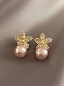 2 件花瓣珍珠耳钉，独特设计时尚耳环，优雅气质 - 彩色 - 查看 1